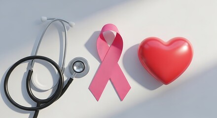 Stylish Representation of Healthcare and Awareness with Stethoscope, Pink Ribbon for Breast Cancer Awareness, and Heart Symbolizing Compassion and Care in Medical Field