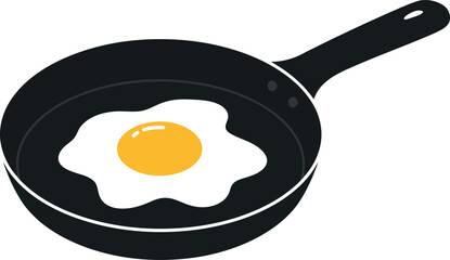 A perfectly cooked fried egg with a bright yellow yolk sits in a black nonstick frying pan on a white background