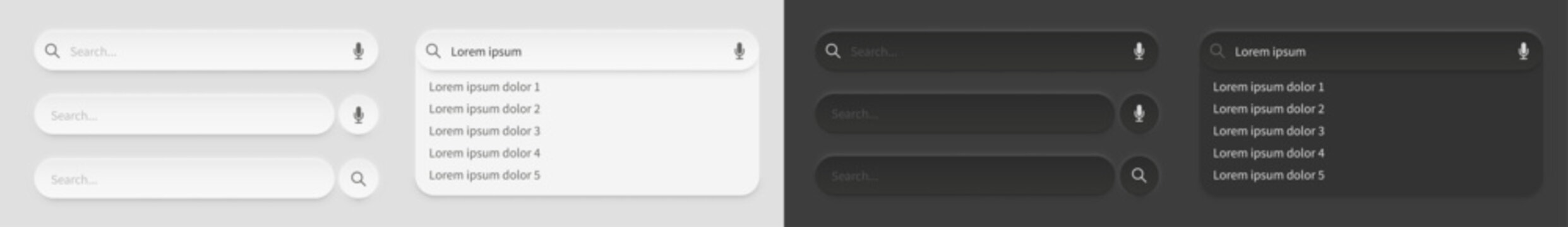 Vector search bar UI kit in light and dark neumorphic style with microphone and magnifying glass icons, dropdown results and rounded input fields for modern web, mobile apps, and interface design