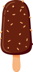 Delicious chocolate covered ice cream bar with crunchy nut pieces on a wooden stick isolated on white background