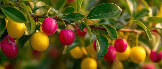 Ripe yellow and red cherry plums hanging on a branch with green leaves