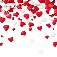 Red and white hearts cascading against a black background