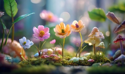 Whimsical flowers and mushrooms in a magical garden setting with bokeh lights