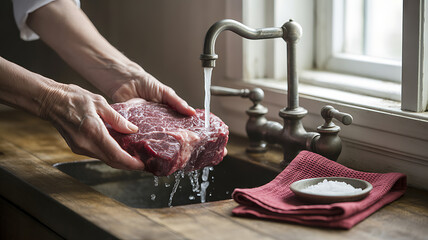 A close-up shot of a person's hands washing a raw piece of meat under a kitchen faucet.