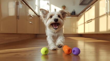 Small Dog Running with Toys in Kitchen