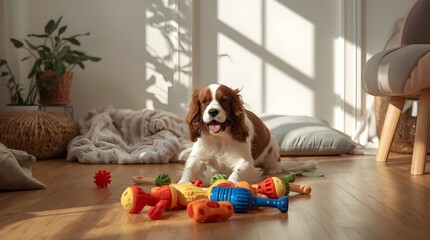 Dog Playing with Toys on the Floor of a Bright Room