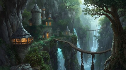 Enchanted Canyon Village with Tree Root Bridges and Waterfalls