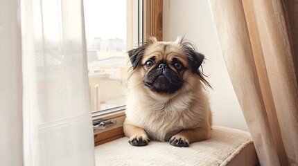 Small Dog Sitting on Windowsill with Sunlight