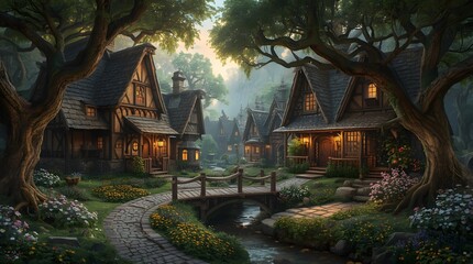 Enchanted Village Scenery at Sunset