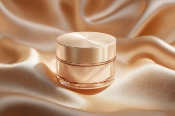 Golden cosmetic cream jar mockup on silk fabric for beauty product promotion