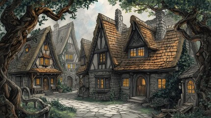 Fantasy village illustration with medieval houses and cobblestone streets