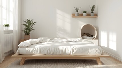 Modern and minimalist bedroom with a wooden bed