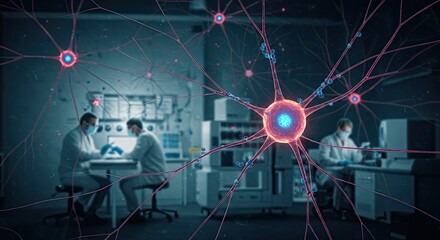 Scientists collaborate in a futuristic laboratory studying intricate neural pathways and brain cell connections for medical breakthroughs and neurological research