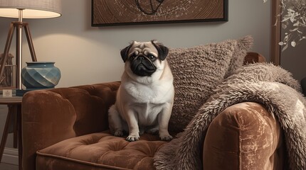 Pug dog sitting on couch