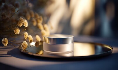 Elegant skincare cream jar with silver lid on a reflective tray display