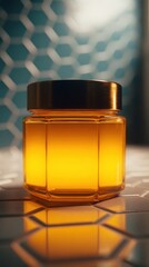 Golden honey in a glass jar with a metallic lid on a hexagonal tile surface