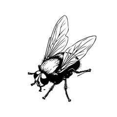 Black and white detailed housefly illustration insect drawing creating a creepy crawly feel depicting nature and wildlife