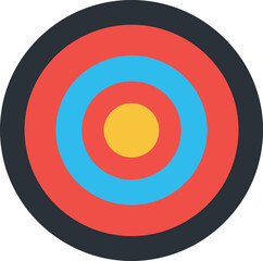 A vibrant flat design illustration of a classic archery target with concentric circles of red blue and yellow against a white background