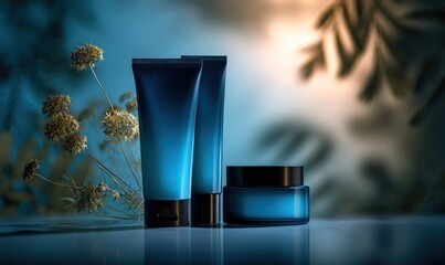 Luxury skincare product mockup with blue tubes and jar for cosmetic branding