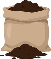 A burlap sack filled with rich dark soil and a pile of dirt spilling out onto a white background