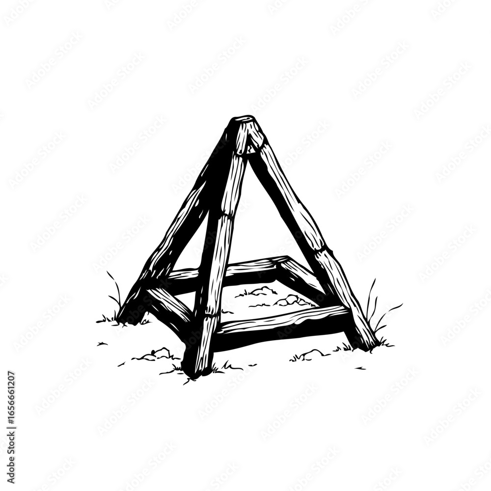 Poster rustic wooden triangular structure on the ground showcasing craftsmanship and elemental nature depic