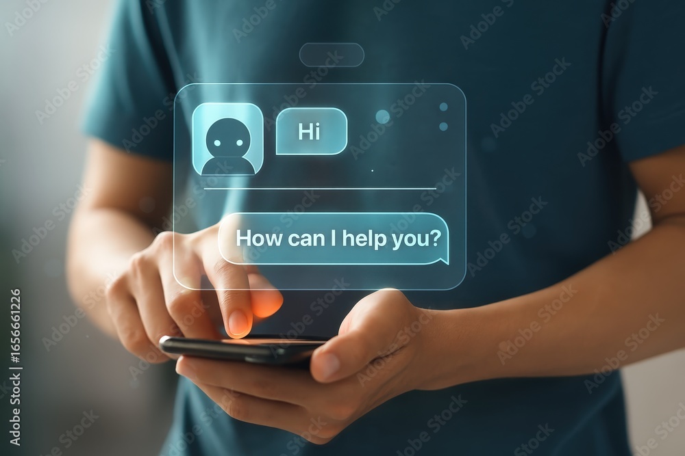 Poster Hands interacting with a holographic customer service chatbot interface on a smartphone, displaying a friendly greeting.