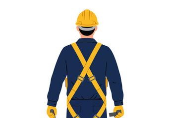 Back view of worker in hard hat  harness wearing blue uniform gloves
