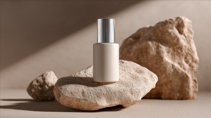 Cosmetic bottle mockup on stone podium for natural beauty product presentation
