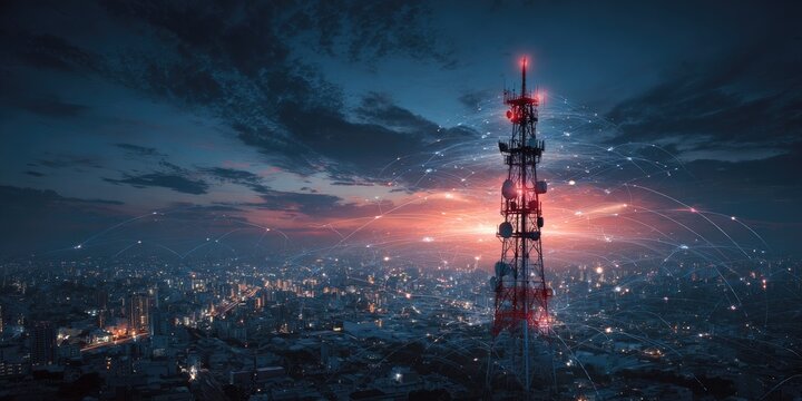 Cityscape at night with a communication tower, network lines overlay