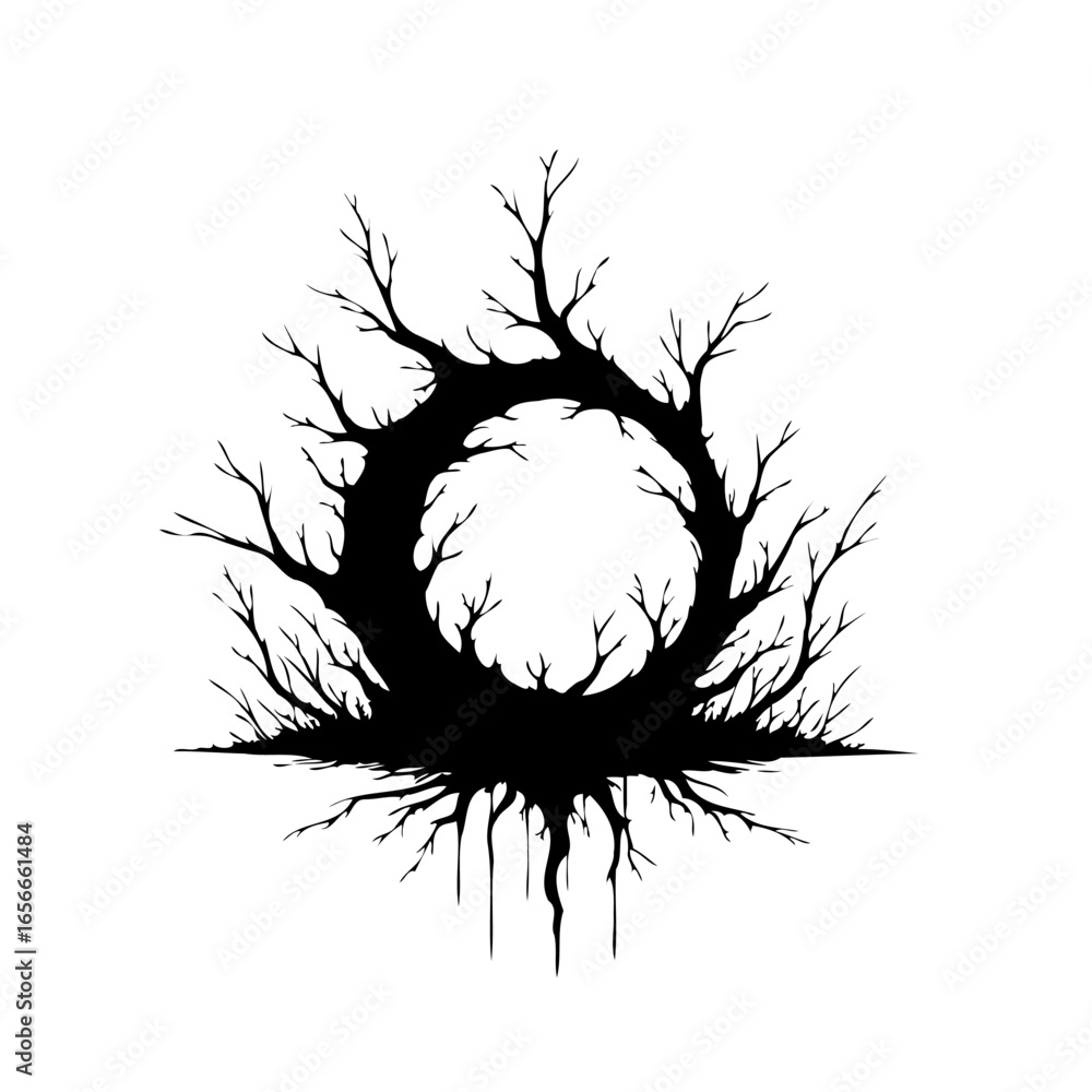 Poster silhouette of a bare circular tree with roots creating a unique and minimalist design that captivate