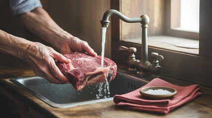 A close-up shot of a person's hands washing a raw piece of meat under a kitchen faucet.