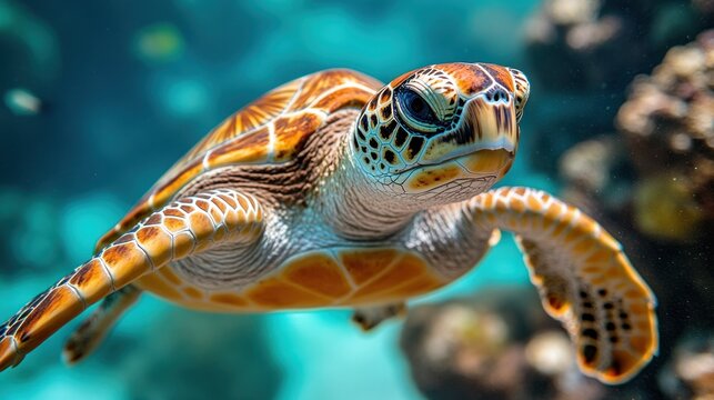 Close-up of a sea turtle swimming