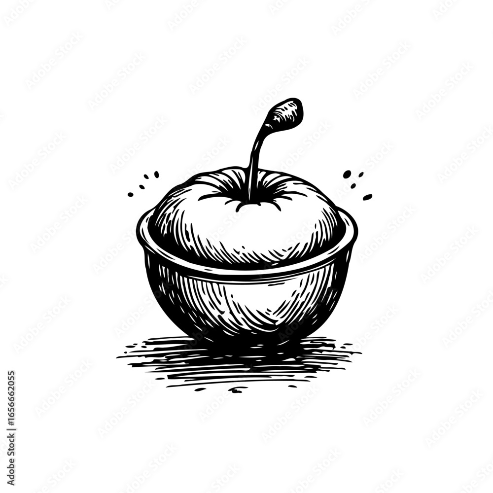 Poster stylized apple vector illustration in a bowl with an eye-catching engraving technique creating inter