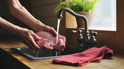 A close-up shot of a person's hands washing a raw piece of meat under a kitchen faucet.