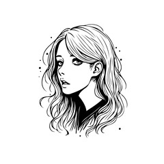 Elegant monochrome portrait of a young woman with flowing hair and captivating eyes in anime illustration style