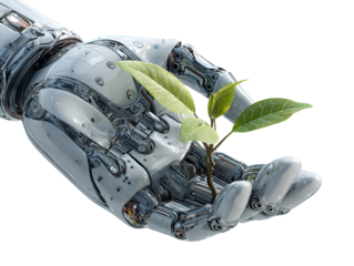 Close-Up of Metallic Robotic Hand Fingers Holding Sprouting Green Seedling, Overhead Perspective, Isolated on Transparent Background