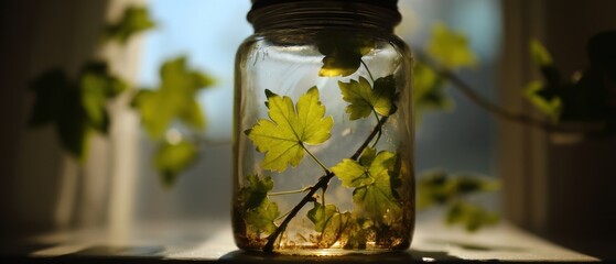 Green leaves in a glass jar still life nature photography close up botanical