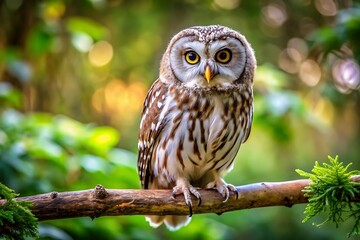 Wise barred owl perched on a mossy branch in a forest
