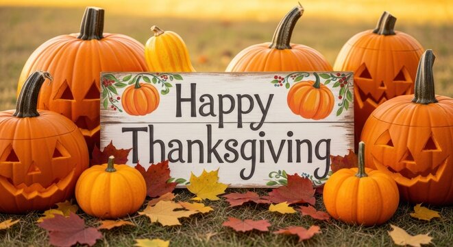 A group of pumpkins with carved faces and leaves, surrounded by autumn leaves and a wooden sign that reads 'Happy Thanksgiving'.