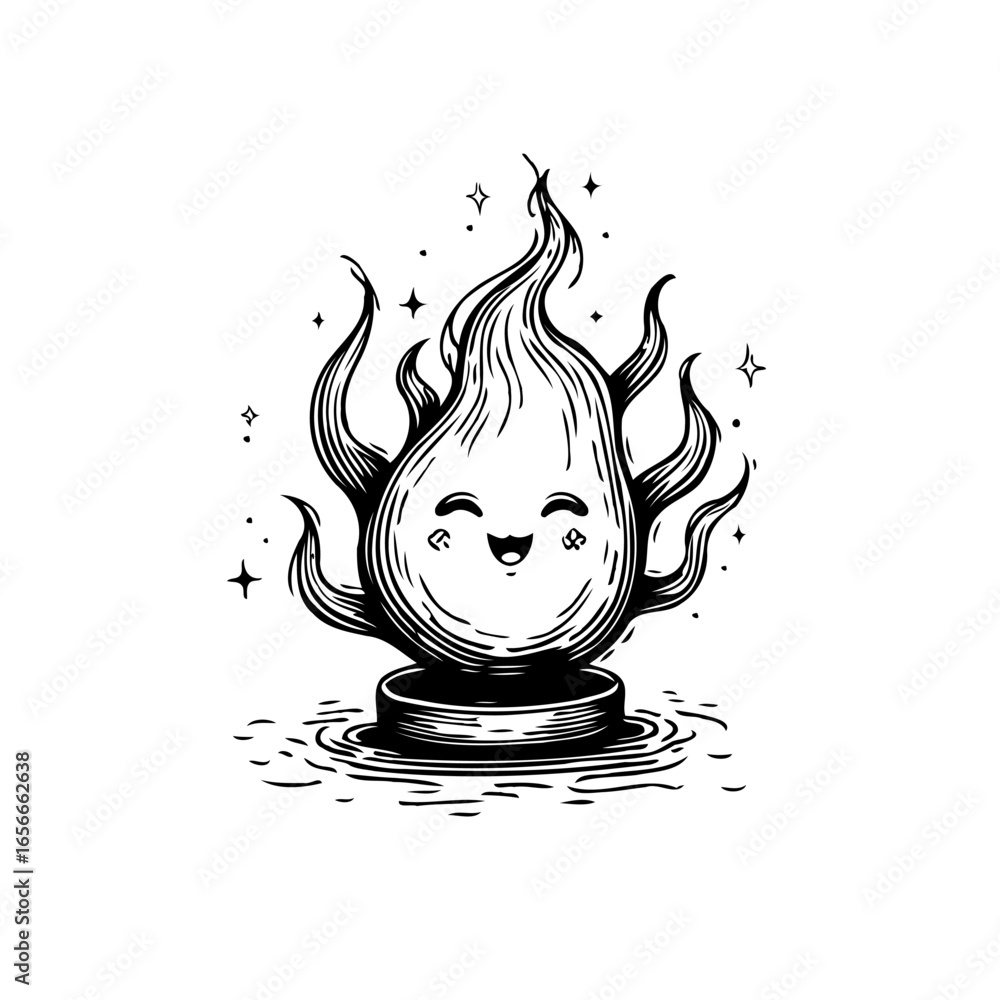 Poster whimsical flame character with happy face radiates charm and magic in monochromatic design creating 