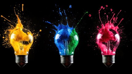 Colorful light bulbs splashing paint, symbolizing creativity and innovation.
