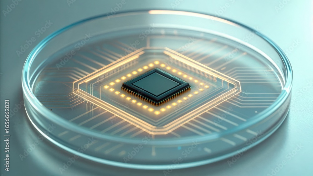 Poster embedded ai chip in petri dish with glowing circuit design