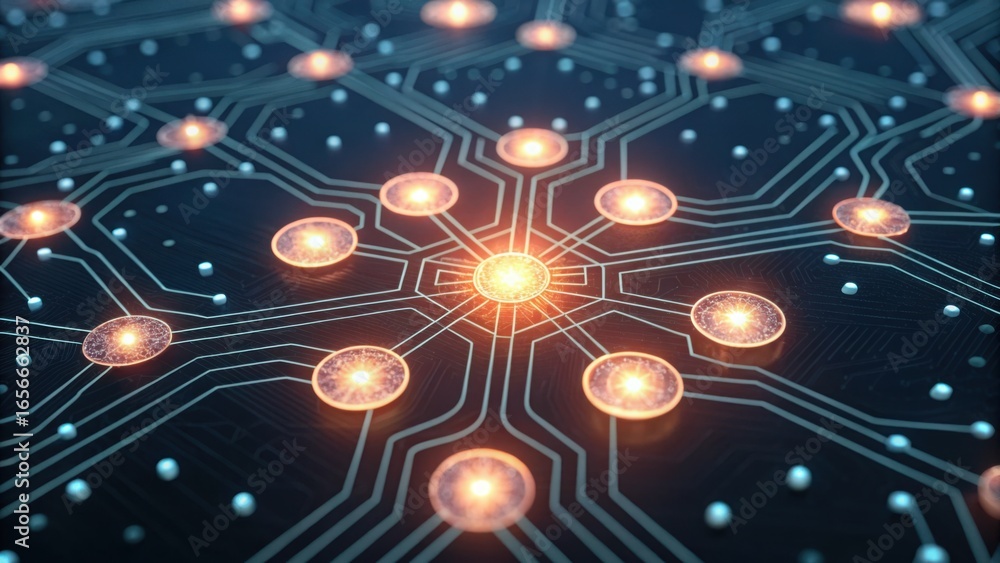 Poster glowing nanotech particles moving across standard circuit design v2