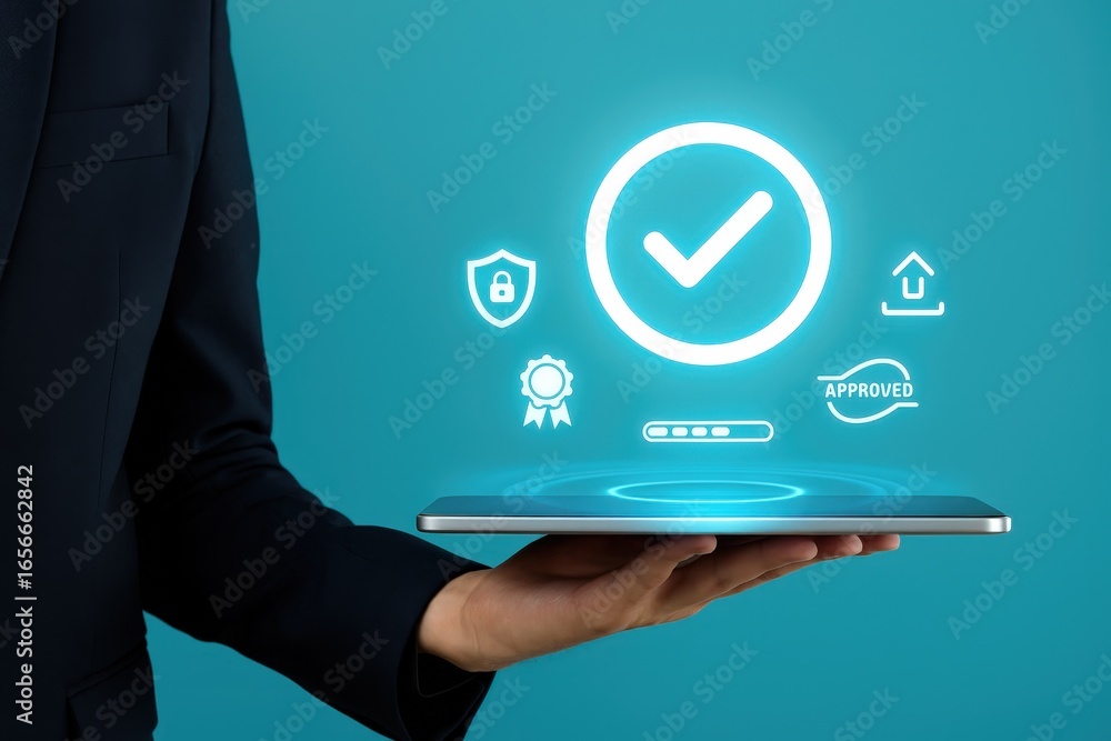 Aufkleber a person holds a tablet displaying glowing approval icons, showcasing a concept of validation and se