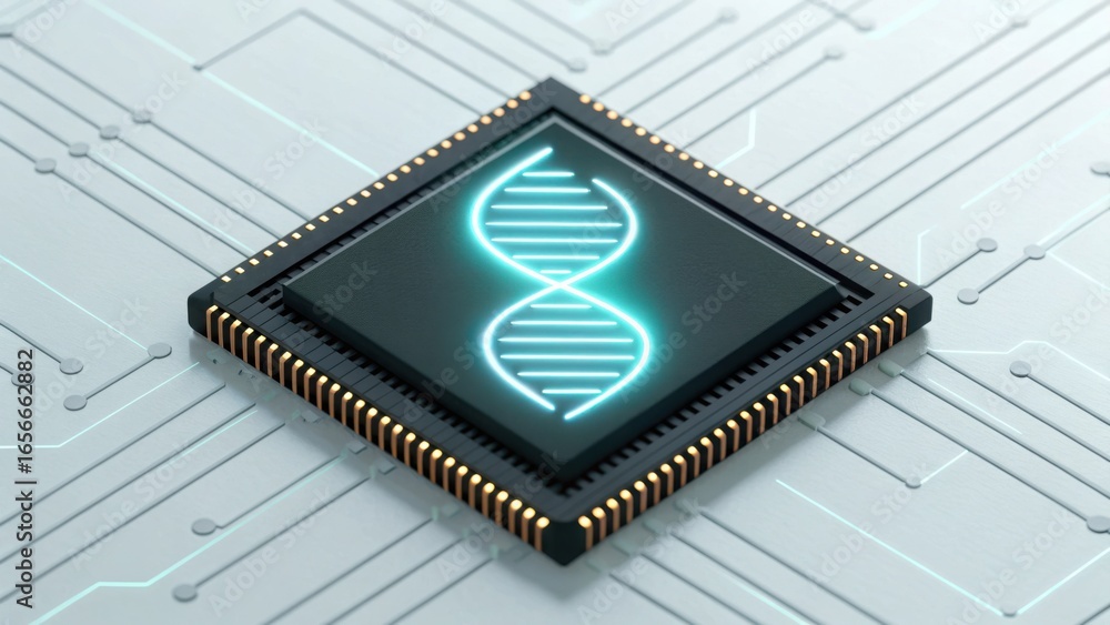 Poster microchip design resembling dna helix with glowing elements