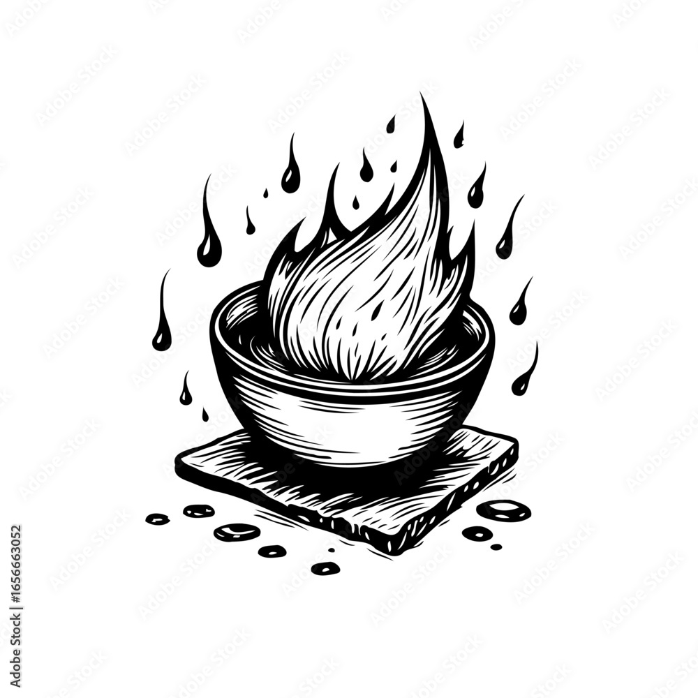 Poster drawn cup with flame emanating and droplets around it offering a symbolic representation of inner fi