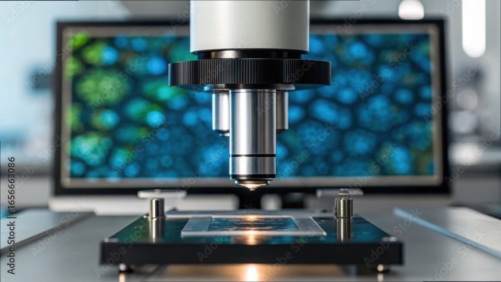 Poster digital microscope analyzing environment under standard conditions