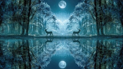 Serene moonlight reflection with deer in a mirrored forest landscape scene
