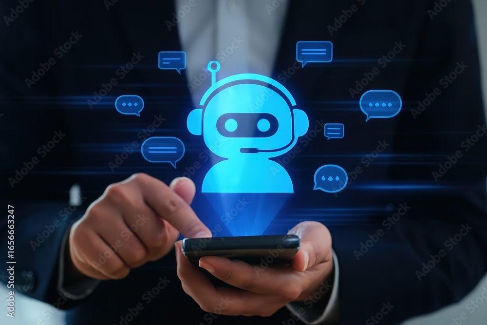 Poster a person interacts with a digital chatbot interface on a smartphone, highlighting futuristic technol
