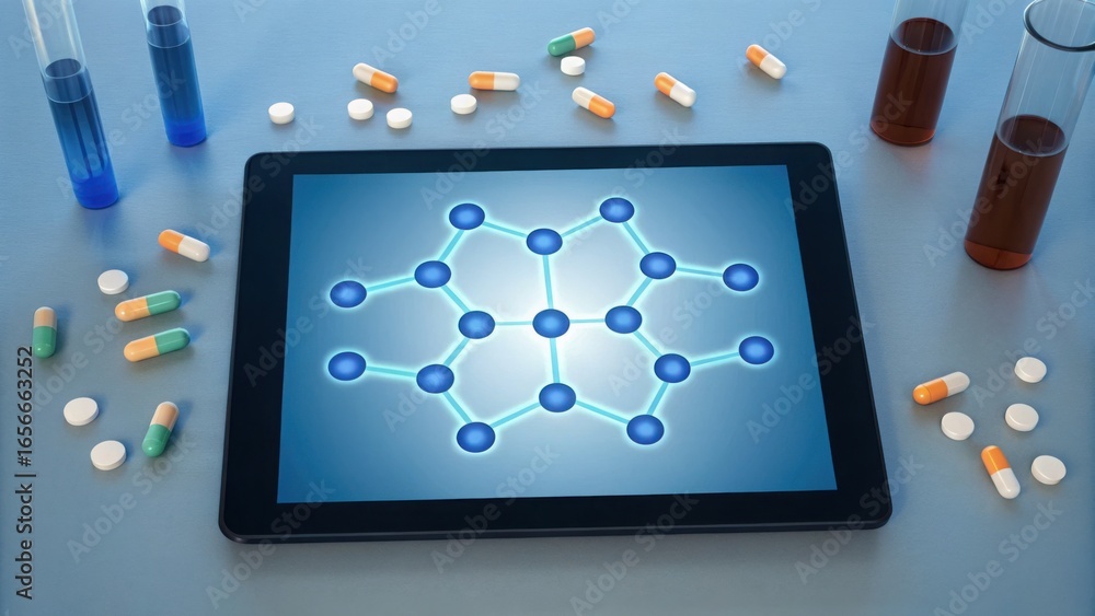 Poster digital molecular modeling on tablet surrounded by colorful capsules